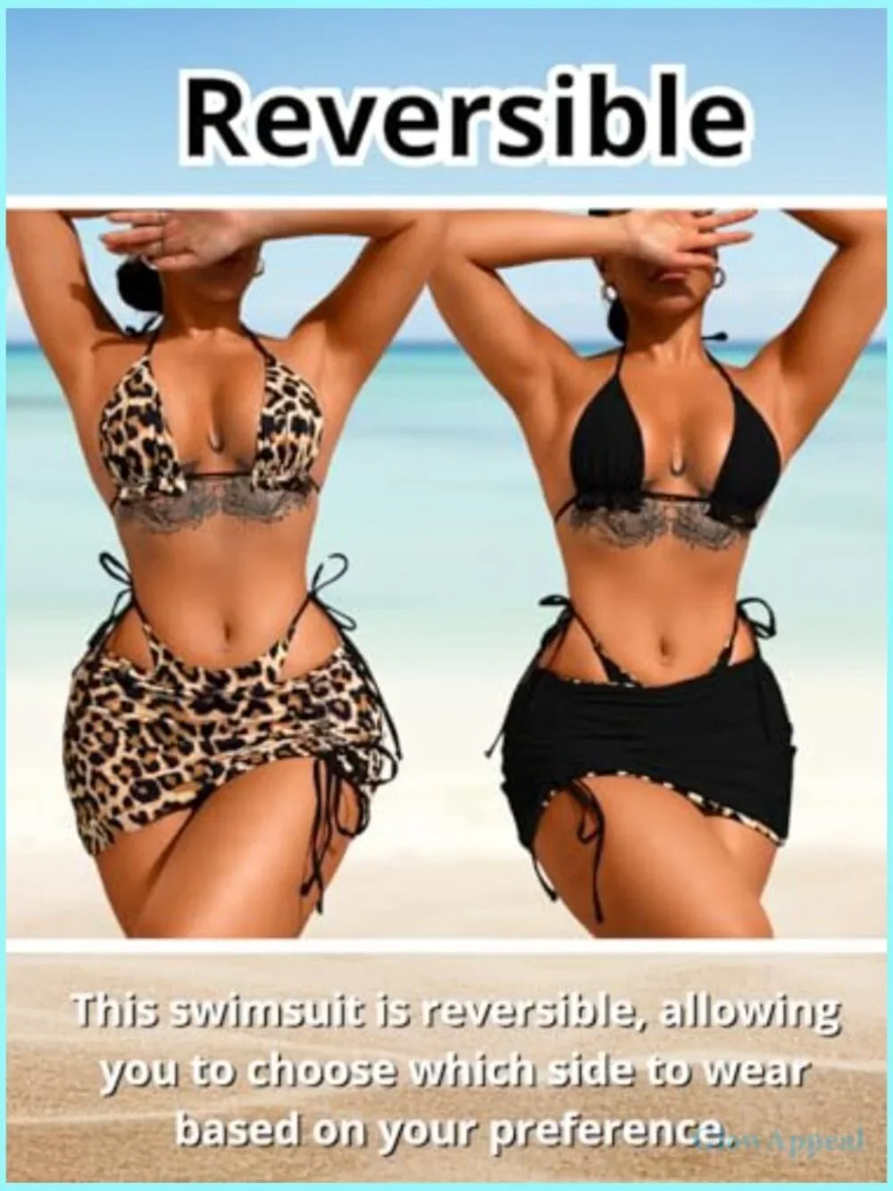 3 Piece Leopard Bikini Set with Coverup Skirt Triangle String Thong Swimwear